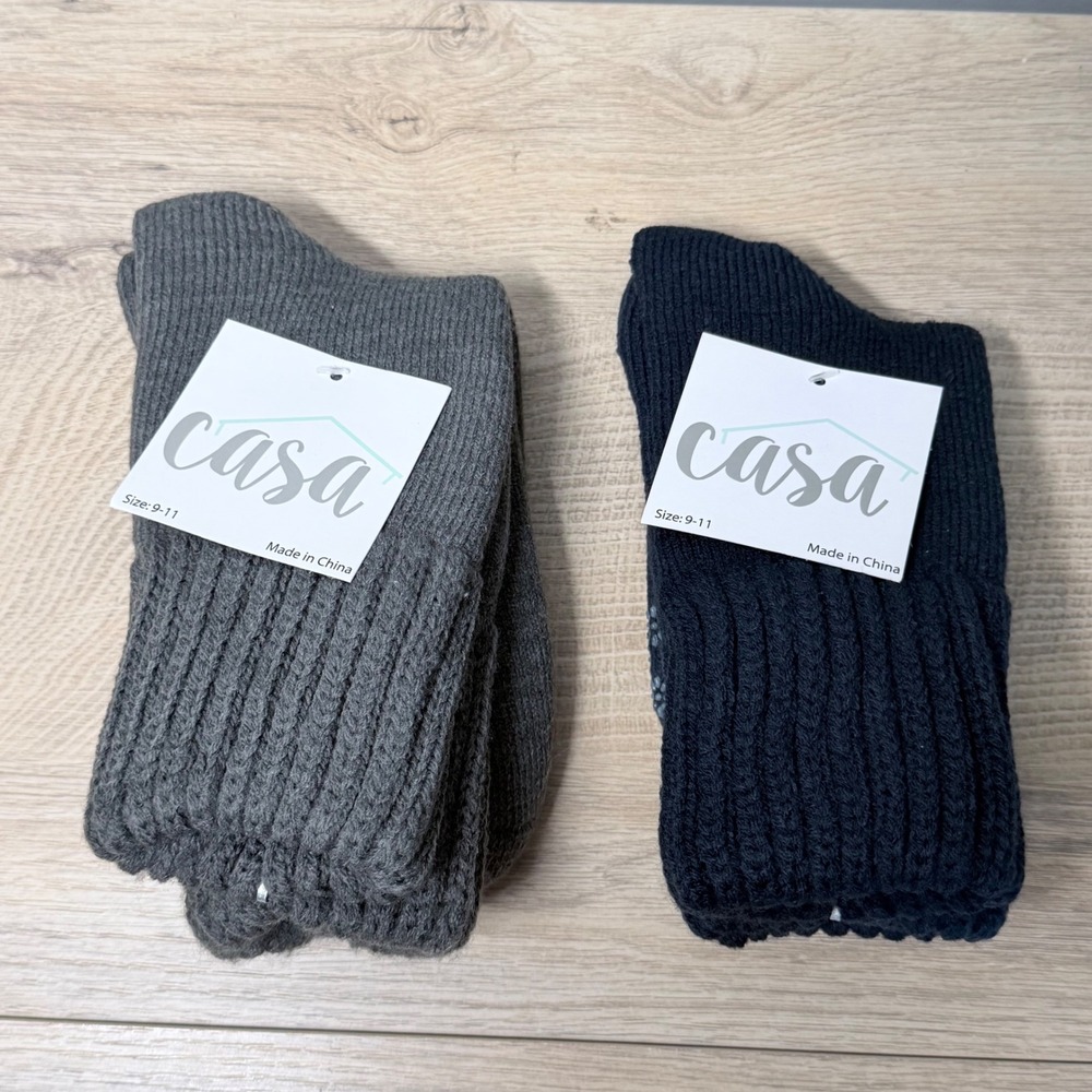 Casa Slipper Socks 9-11 Gray Navy Blue Knit Non-Slip Floral Grip 2 Pair New